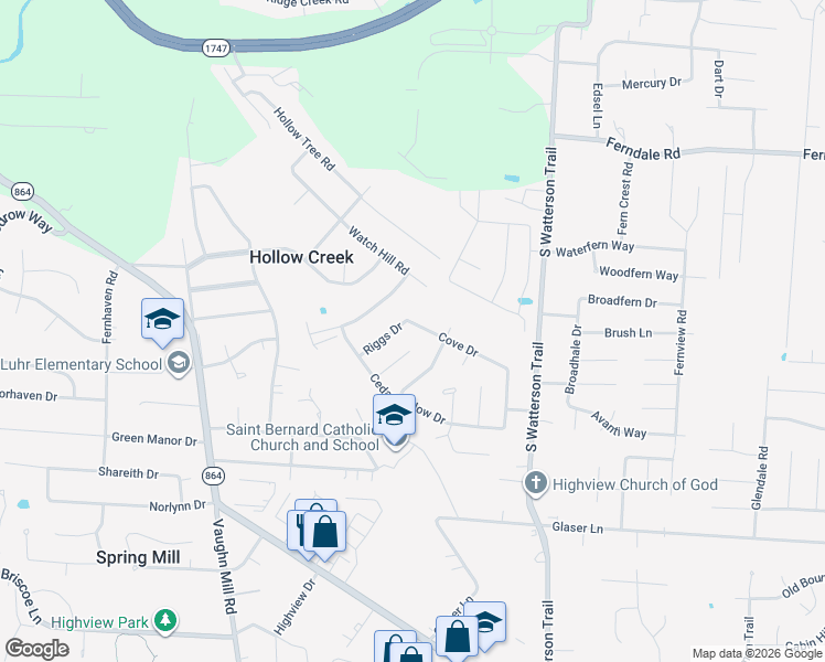 map of restaurants, bars, coffee shops, grocery stores, and more near 7501 Cove Drive in Louisville