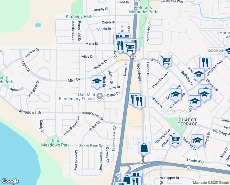 map of restaurants, bars, coffee shops, grocery stores, and more near 216 Rome Drive in Vallejo