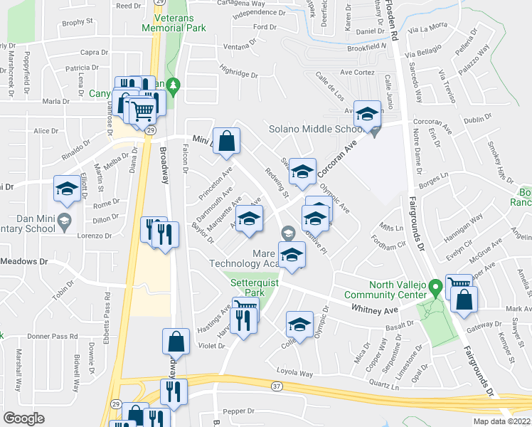 map of restaurants, bars, coffee shops, grocery stores, and more near 206 Amherst Avenue in Vallejo