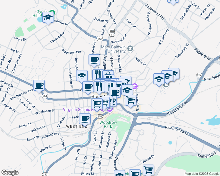 map of restaurants, bars, coffee shops, grocery stores, and more near 111 North Augusta Street in Staunton