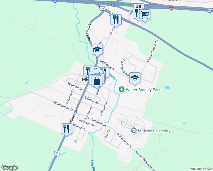 map of restaurants, bars, coffee shops, grocery stores, and more near 220 North Gratz Street in Midway