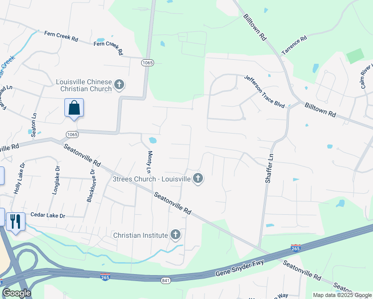 map of restaurants, bars, coffee shops, grocery stores, and more near 6506 El Rancho Road in Louisville