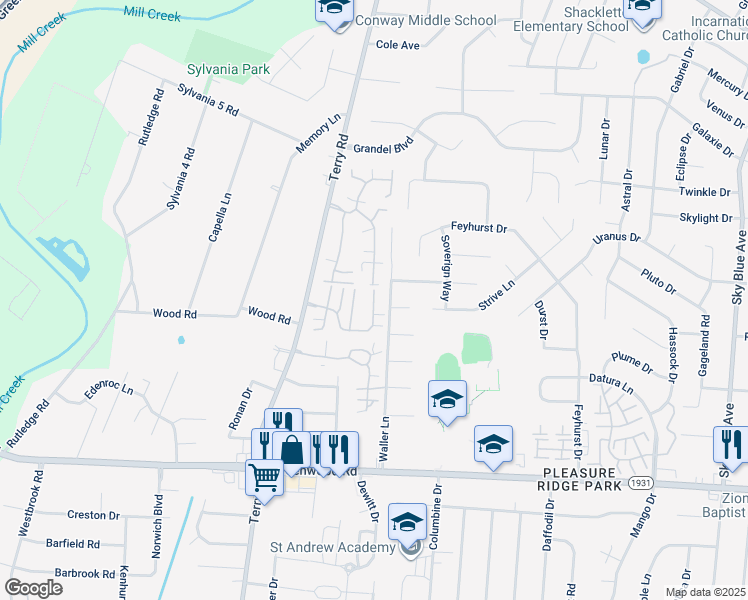 map of restaurants, bars, coffee shops, grocery stores, and more near 8621 Forest Way Drive in Louisville