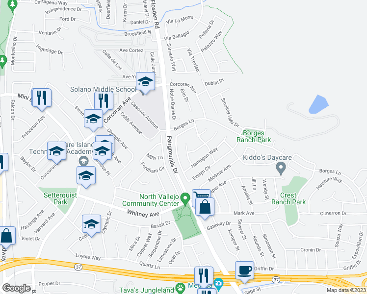 map of restaurants, bars, coffee shops, grocery stores, and more near 221 Pamela Court in Vallejo