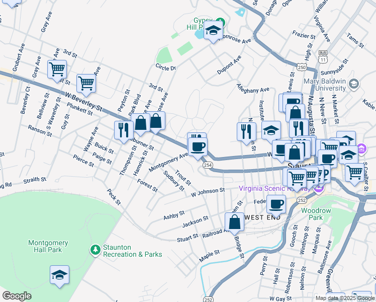 map of restaurants, bars, coffee shops, grocery stores, and more near 1008 West Beverley Street in Staunton