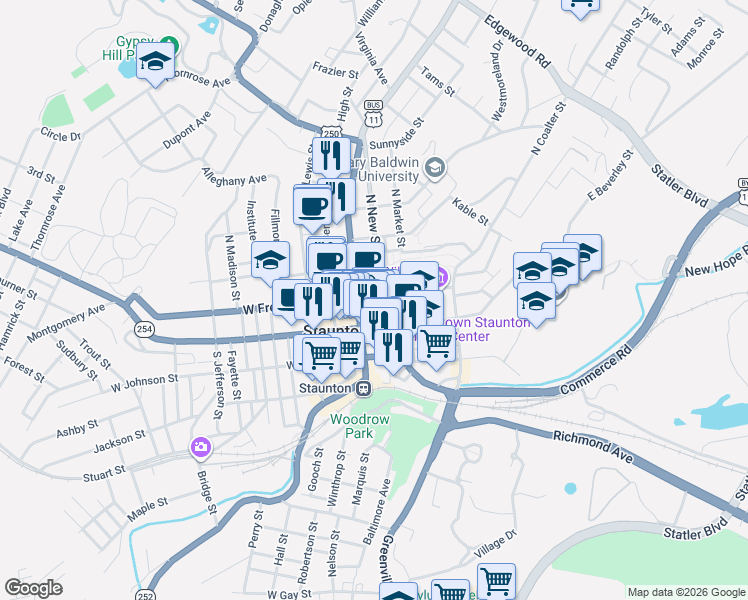 map of restaurants, bars, coffee shops, grocery stores, and more near 32 North New Street in Staunton