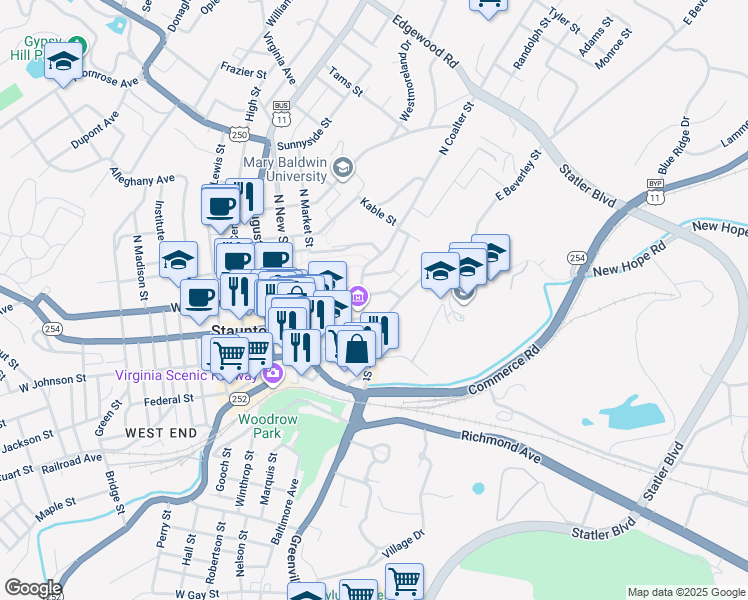 map of restaurants, bars, coffee shops, grocery stores, and more near 310 Berkeley Place in Staunton