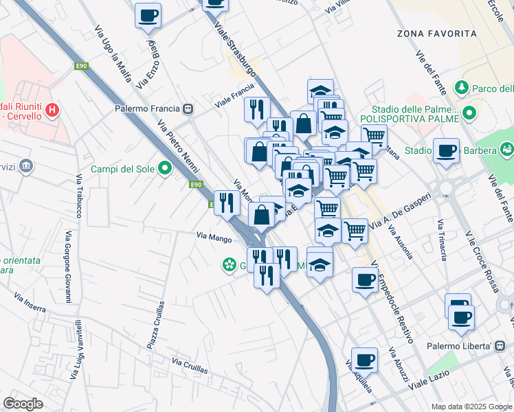 map of restaurants, bars, coffee shops, grocery stores, and more near 63-69 Via Monti Iblei in Palermo