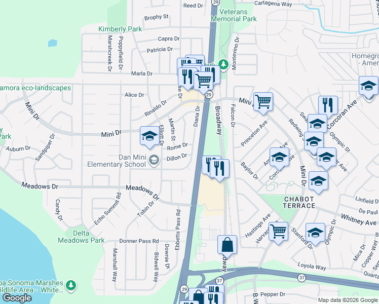 map of restaurants, bars, coffee shops, grocery stores, and more near 216 Rome Drive in Vallejo
