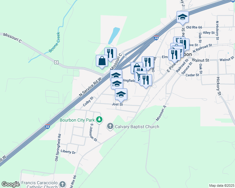 map of restaurants, bars, coffee shops, grocery stores, and more near 363 Jost Street in Bourbon