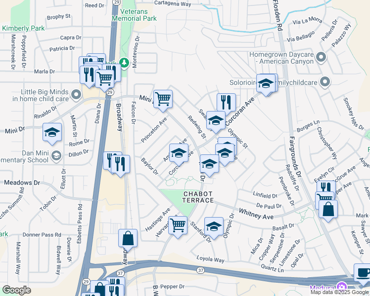 map of restaurants, bars, coffee shops, grocery stores, and more near 206 Amherst Avenue in Vallejo