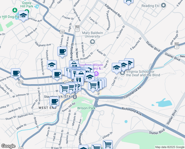 map of restaurants, bars, coffee shops, grocery stores, and more near 101 East Frederick Street in Staunton