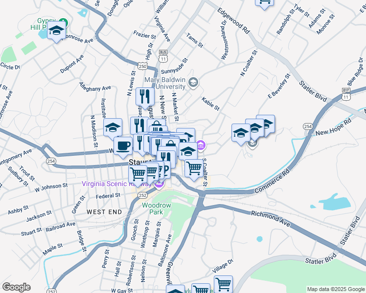 map of restaurants, bars, coffee shops, grocery stores, and more near 115 East Frederick Street in Staunton