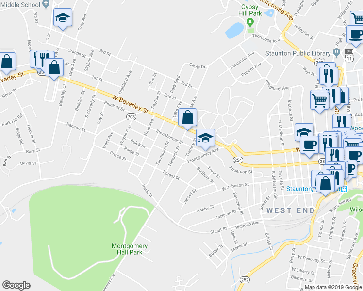 map of restaurants, bars, coffee shops, grocery stores, and more near 1213 Stoneburner Street in Staunton