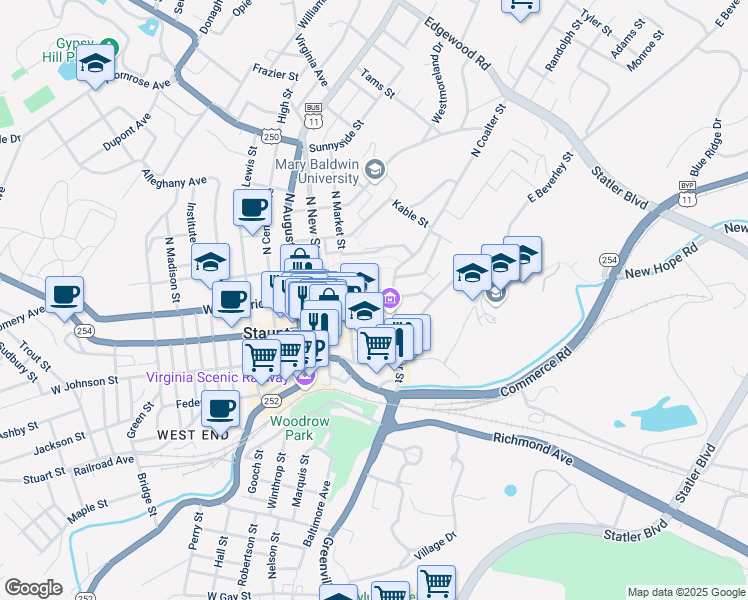 map of restaurants, bars, coffee shops, grocery stores, and more near 226 East Frederick Street in Staunton