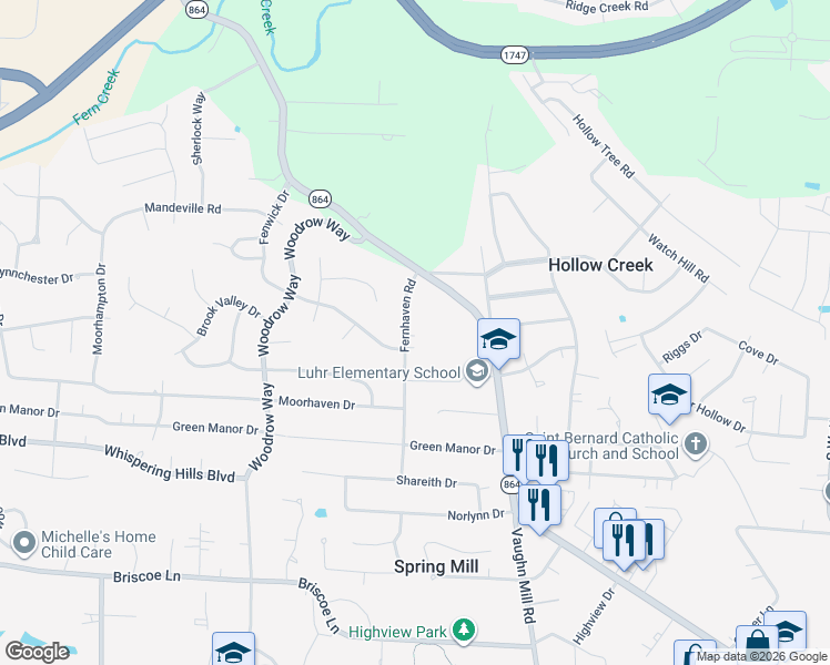 map of restaurants, bars, coffee shops, grocery stores, and more near 6712 Fernhaven Road in Louisville