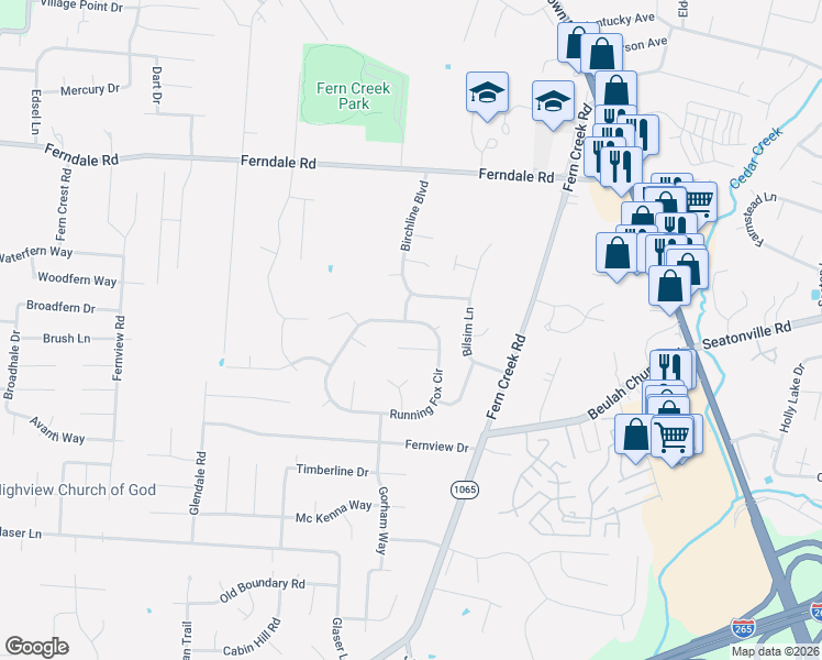 map of restaurants, bars, coffee shops, grocery stores, and more near 6704 Cub Court in Louisville