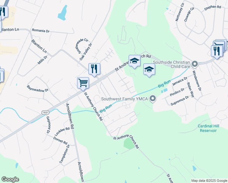 map of restaurants, bars, coffee shops, grocery stores, and more near 7739 Brookview Drive in Louisville