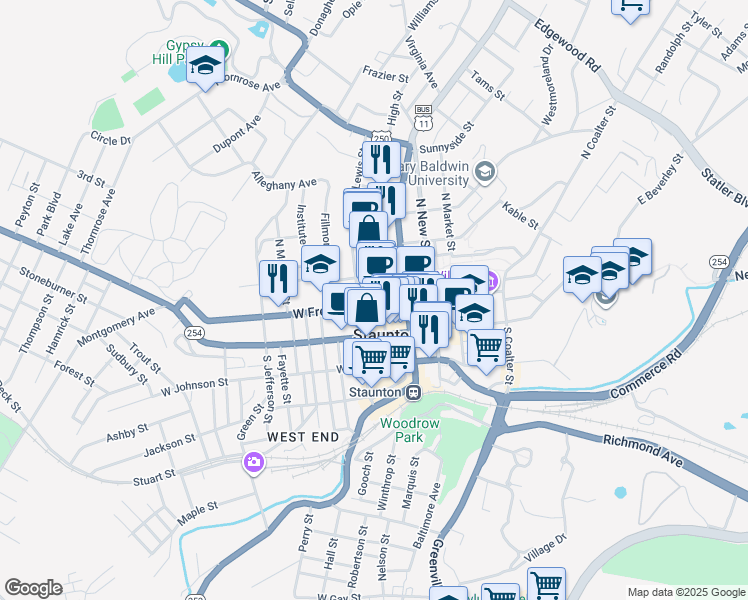 map of restaurants, bars, coffee shops, grocery stores, and more near 122 North Central Avenue in Staunton