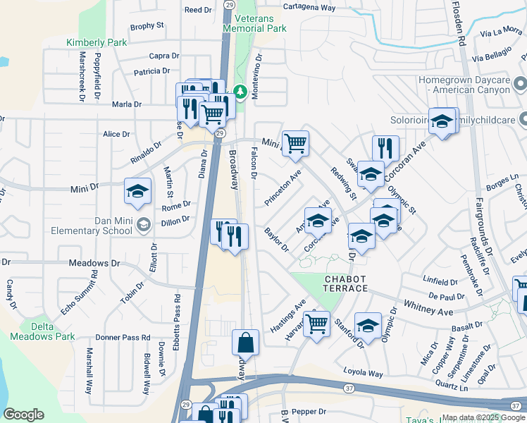map of restaurants, bars, coffee shops, grocery stores, and more near 106 Princeton Avenue in Vallejo