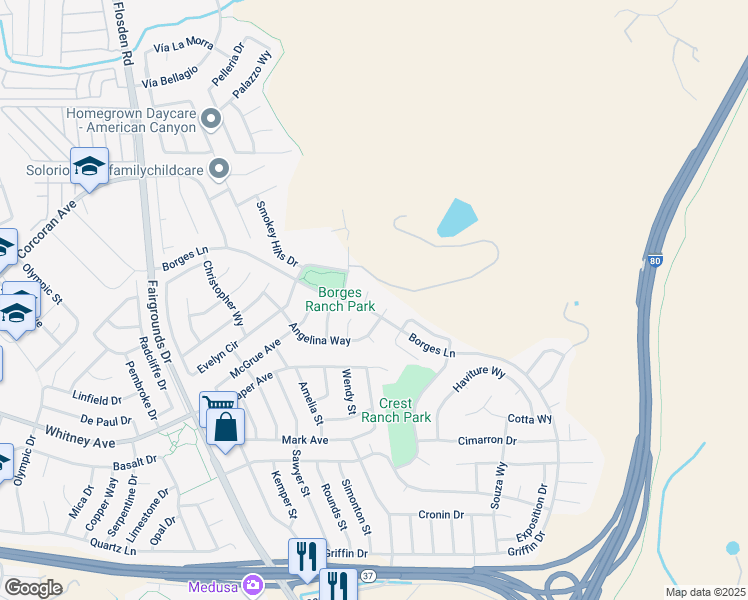 map of restaurants, bars, coffee shops, grocery stores, and more near 121 Agnes Court in Vallejo