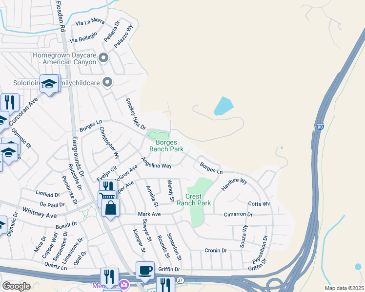 map of restaurants, bars, coffee shops, grocery stores, and more near 121 Agnes Court in Vallejo