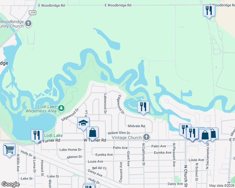 map of restaurants, bars, coffee shops, grocery stores, and more near 1605 Edgewood Drive in Lodi