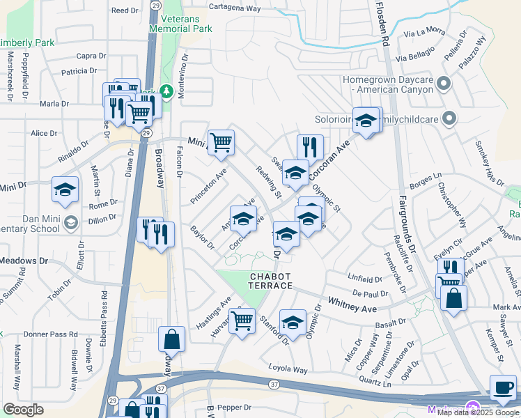 map of restaurants, bars, coffee shops, grocery stores, and more near 484 Corcoran Avenue in Vallejo