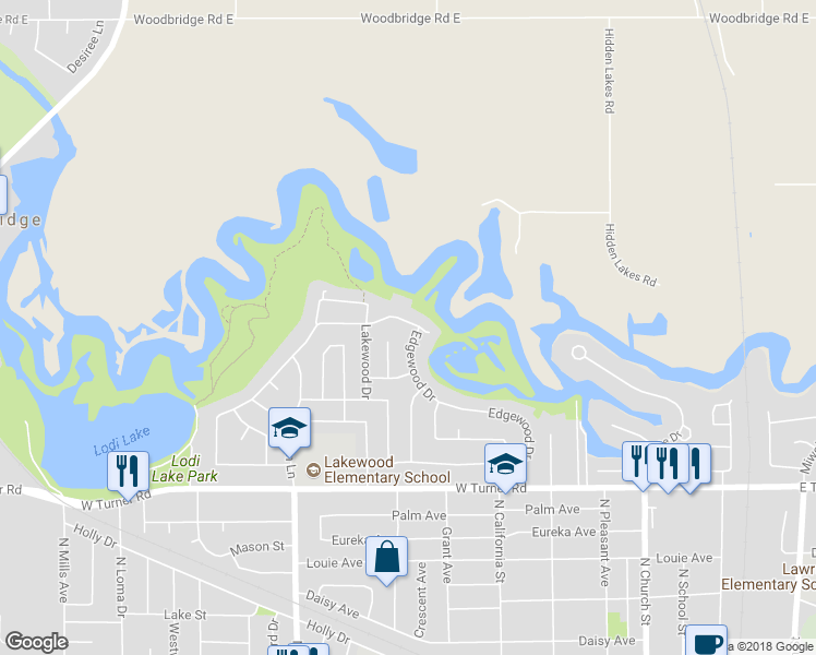 map of restaurants, bars, coffee shops, grocery stores, and more near 1605 Edgewood Drive in Lodi