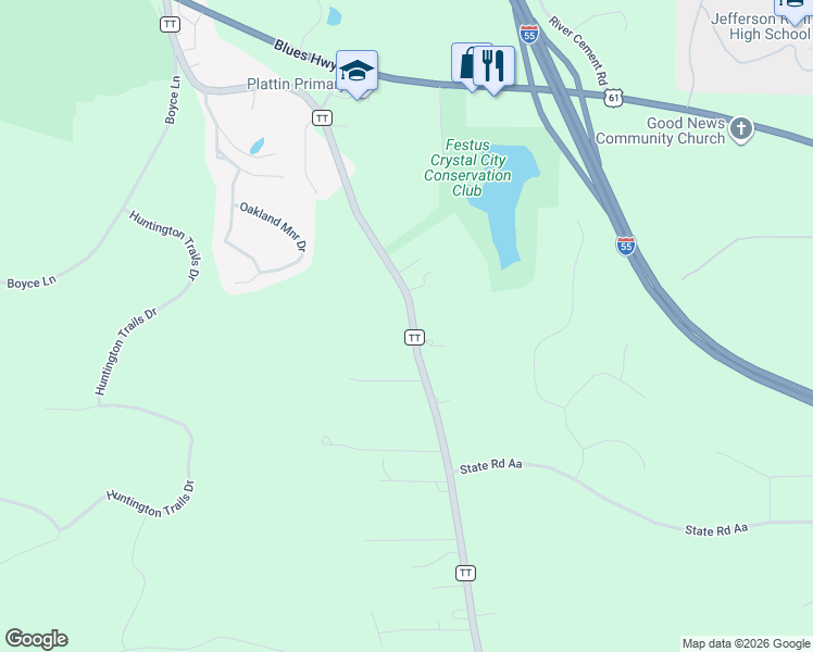 map of restaurants, bars, coffee shops, grocery stores, and more near 12481 State Road TT in Festus