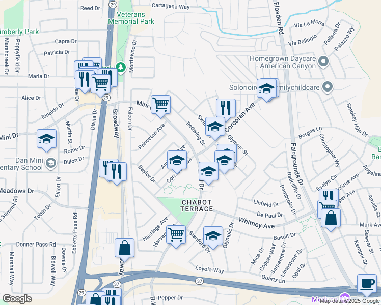 map of restaurants, bars, coffee shops, grocery stores, and more near 484 Corcoran Avenue in Vallejo