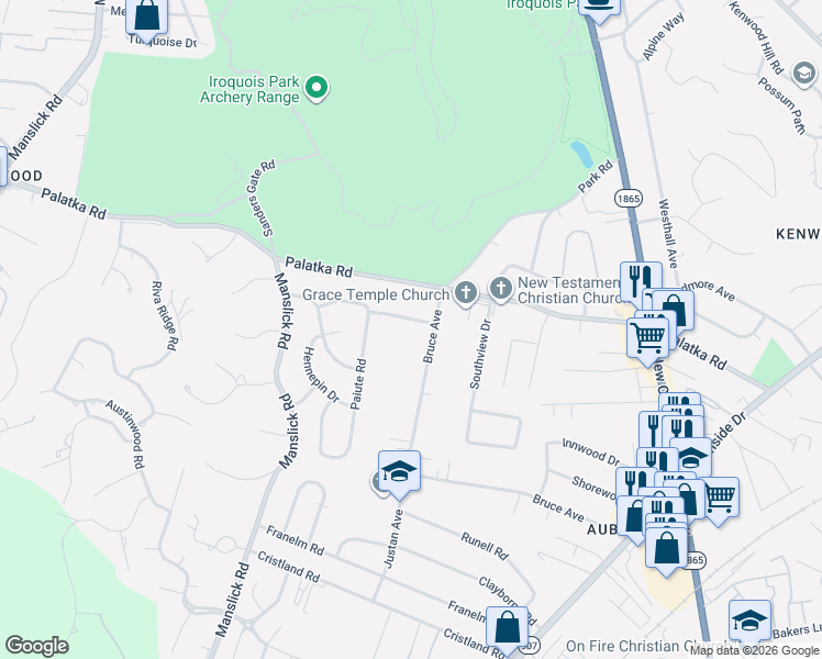 map of restaurants, bars, coffee shops, grocery stores, and more near 1110 Oneida Avenue in Louisville