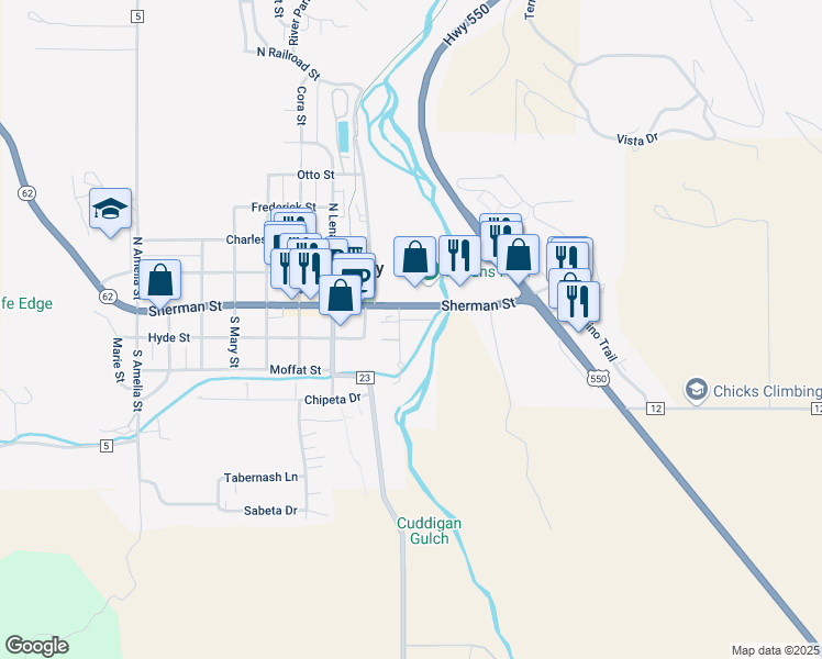 map of restaurants, bars, coffee shops, grocery stores, and more near 101 Campbell Lane in Ridgway