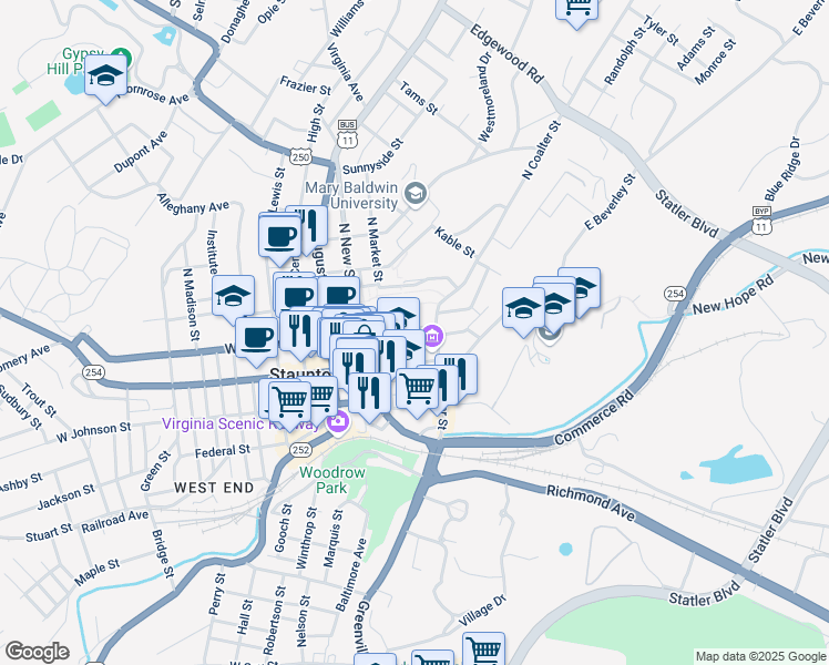 map of restaurants, bars, coffee shops, grocery stores, and more near 226 East Frederick Street in Staunton