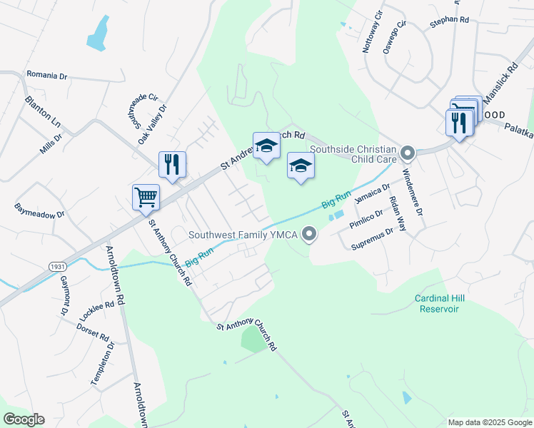 map of restaurants, bars, coffee shops, grocery stores, and more near 3015 Treeview Court in Louisville