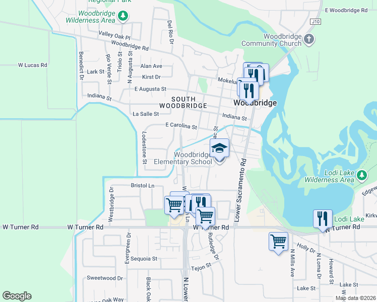 map of restaurants, bars, coffee shops, grocery stores, and more near 1279 Inglewood Court in Lodi