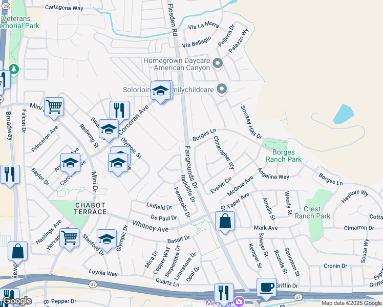 map of restaurants, bars, coffee shops, grocery stores, and more near 140 Evelyn Circle in Vallejo