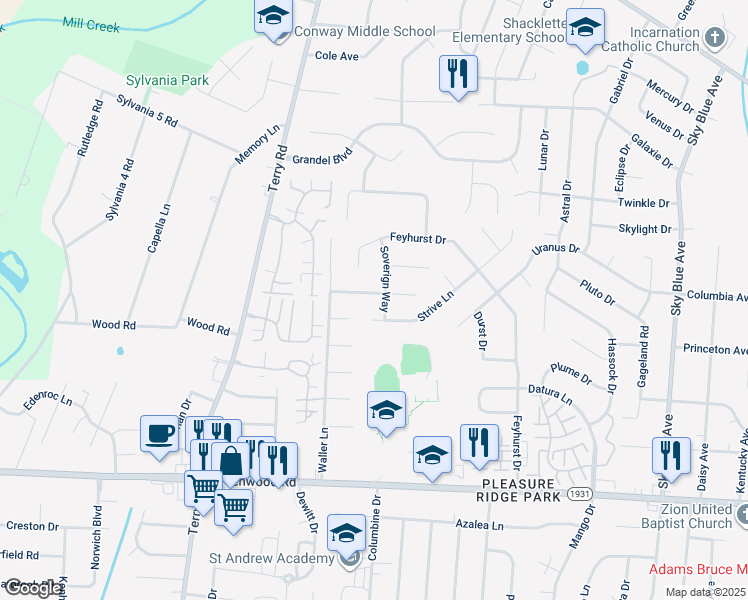 map of restaurants, bars, coffee shops, grocery stores, and more near 6102 Titanic Way in Louisville
