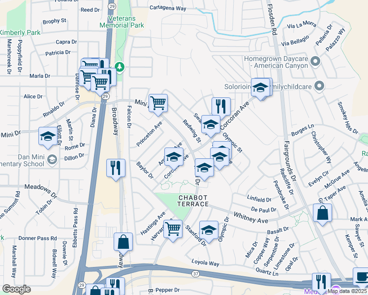 map of restaurants, bars, coffee shops, grocery stores, and more near 488 Corcoran Avenue in Vallejo
