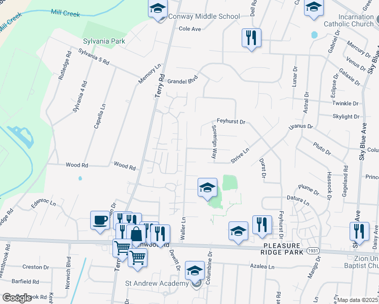 map of restaurants, bars, coffee shops, grocery stores, and more near 6116 Titanic Way in Louisville