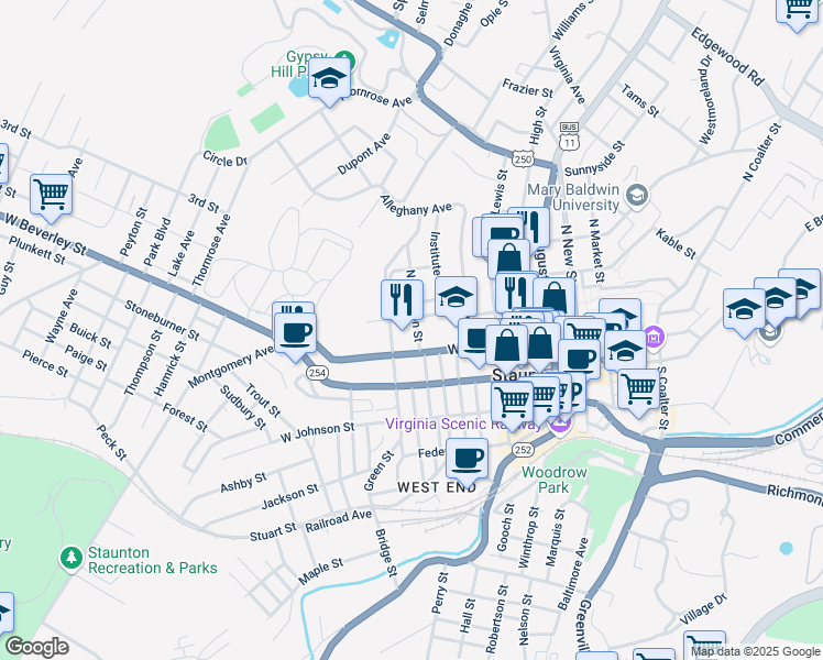 map of restaurants, bars, coffee shops, grocery stores, and more near 128 North Madison Street in Staunton