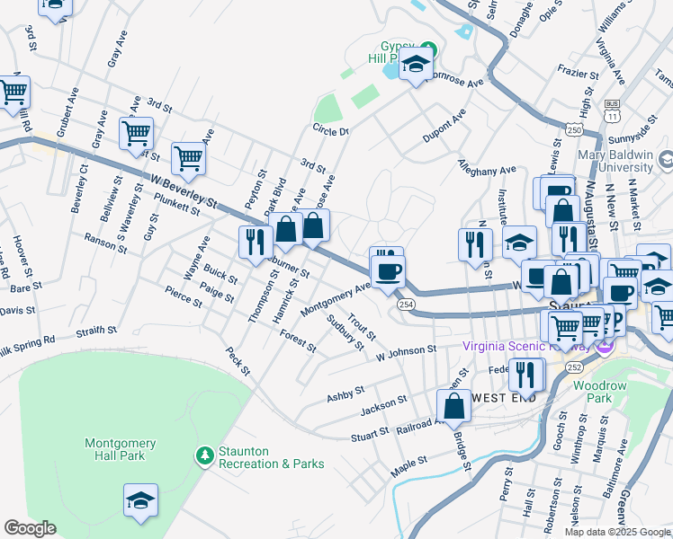 map of restaurants, bars, coffee shops, grocery stores, and more near 1048-1068 West Beverley Street in Staunton