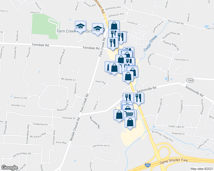 map of restaurants, bars, coffee shops, grocery stores, and more near 7037 Adeno Way in Louisville
