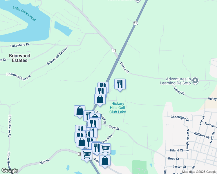 map of restaurants, bars, coffee shops, grocery stores, and more near 12848 Missouri 21 in De Soto