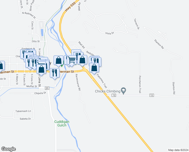 map of restaurants, bars, coffee shops, grocery stores, and more near 283 Palomino Trail in Ridgway