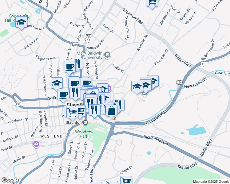 map of restaurants, bars, coffee shops, grocery stores, and more near 303 Berkeley Place in Staunton