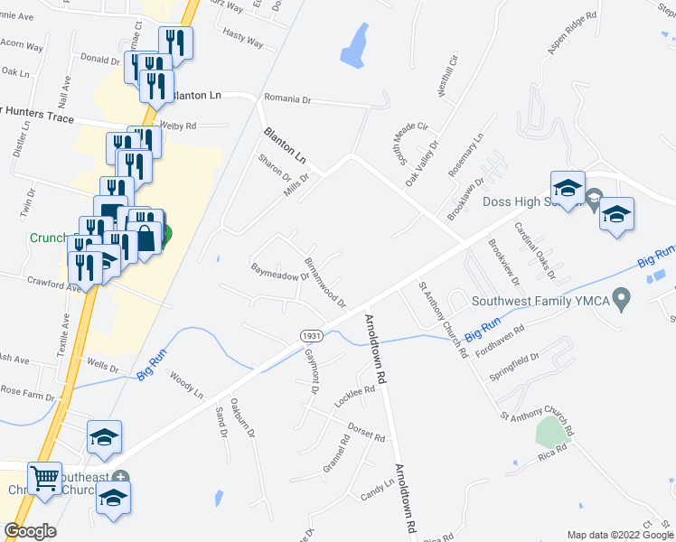map of restaurants, bars, coffee shops, grocery stores, and more near 3601 Birnamwood Court in Louisville