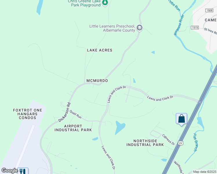 map of restaurants, bars, coffee shops, grocery stores, and more near 4105 Lewis and Clark Drive in Charlottesville