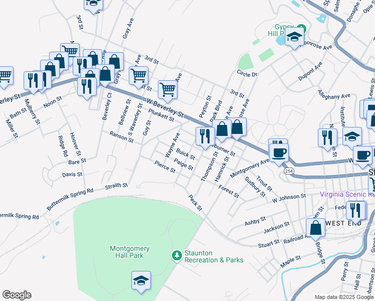 map of restaurants, bars, coffee shops, grocery stores, and more near 206 Hays Avenue in Staunton