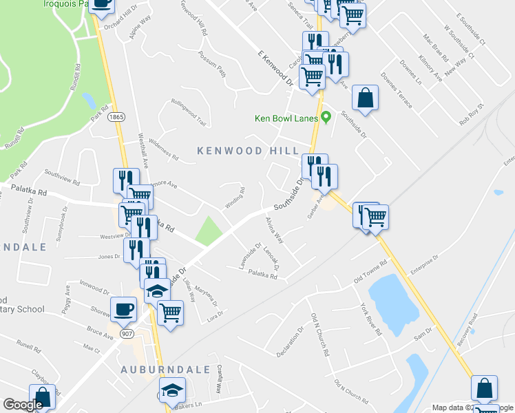 map of restaurants, bars, coffee shops, grocery stores, and more near 300 Meadowood Court in Louisville